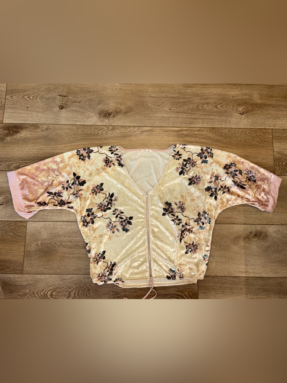 Cream Velvet Floral Zip-Front kimono cardigan Top l/xl